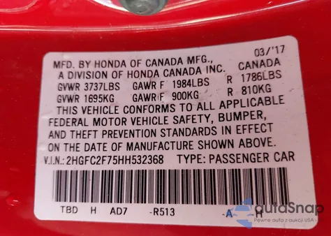 2017 Honda Civic Ex из США, поврежденный, VIN 2HGFC2F75HH532368